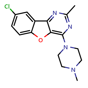 Chemical structure of 8-chloro-2-methyl-4-(4-methylpiperazin-1-yl)benzofuro[3,2-d]pyrimidine , CAS 848217-00-5, AChemBlock T96176