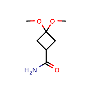 Chemical structure of 3,3-dimethoxycyclobutanecarboxamide , CAS 2360931-42-4, AChemBlock T96241