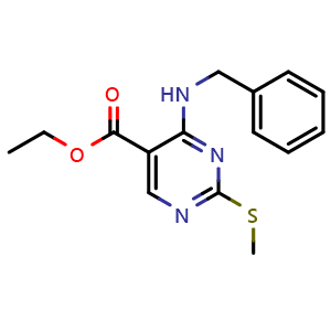 Chemical structure of ethyl 4-(benzylamino)-2-methylsulfanylpyrimidine-5-carboxylate , CAS 100973-67-9, AChemBlock T96368