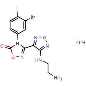 Chemical structure of 3-(4-((2-Aminoethyl)amino)-1,2,5-oxadiazol-3-yl)-4-(3-bromo-4-fluorophenyl)-1,2,4-oxadiazol-5(4H)-one hydrochloride , CAS 1204669-67-9, AChemBlock T96372