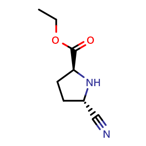 Chemical structure of ethyl (2S,5S)-5-cyanopyrrolidine-2-carboxylate , CAS 435274-88-7, AChemBlock T96377