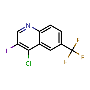 Chemical structure of 4-chloro-3-iodo-6-(trifluoromethyl)quinoline , CAS 1431364-46-3, AChemBlock T96399