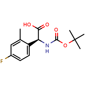 Chemical structure of (S)-2-(2-methyl-4-fluorophenyl)-2-((tert-butoxycarbonyl)amino)acetic acid , CAS 2241594-11-4, AChemBlock T96491