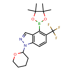 Chemical structure of 1-tetrahydropyran-2-yl-4-(4,4,5,5-tetramethyl-1,3,2-dioxaborolan-2-yl)-5-(trifluoromethyl)indazole , CAS 2621939-51-1, AChemBlock T96521