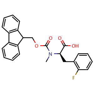 Chemical structure of (R)-2-((((9H-fluoren-9-yl)methoxy)carbonyl)(methyl)amino)-3-(2-fluorophenyl)propanoic acid , CAS 193086-74-7, AChemBlock T96555