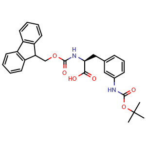 Chemical structure of (S)-2-((((9H-fluoren-9-yl)methoxy)carbonyl)amino)-3-(3-((tert-butoxycarbonyl)amino)phenyl)propanoic acid , CAS 273221-84-4, AChemBlock T96618