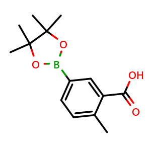 Chemical structure of 2-Methyl-5-(4,4,5,5-tetramethyl-1,3,2-dioxaborolan-2-yl)benzoic acid , CAS 1431542-21-0, AChemBlock T96636