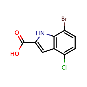 Chemical structure of 7-bromo-4-chloro-1H-indole-2-carboxylic acid , CAS 1388061-21-9, AChemBlock T96637