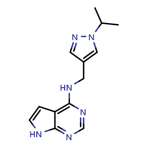Chemical structure of N-[(1-isopropylpyrazol-4-yl)methyl]-7H-pyrrolo[2,3-d]pyrimidin-4-amine , CAS 2411637-32-4, AChemBlock T96676