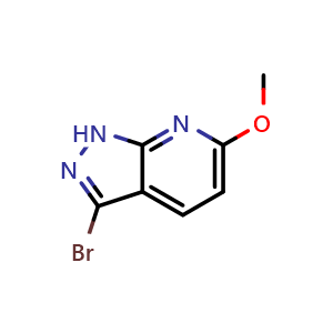 Chemical structure of 3-bromo-6-methoxy-1H-pyrazolo[3,4-b]pyridine , CAS 1357946-21-4, AChemBlock T96678