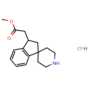Chemical structure of methyl 2-{2,3-dihydrospiro[indene-1,4'-piperidin]-3-yl}acetate hydrochloride , CAS 2411641-60-4, AChemBlock T96694