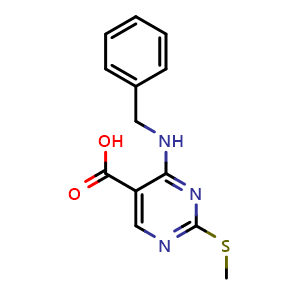 Chemical structure of 4-(benzylamino)-2-methylsulfanylpyrimidine-5-carboxylic acid , CAS 686267-34-5, AChemBlock T96736