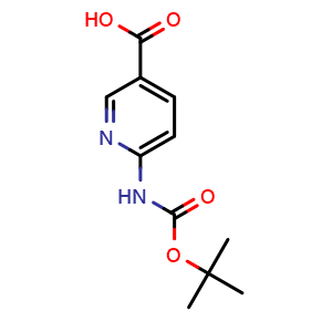 Chemical structure of 6-[(2-methylpropan-2-yl)oxycarbonylamino]pyridine-3-carboxylic acid , CAS 231958-14-8, AChemBlock T96771