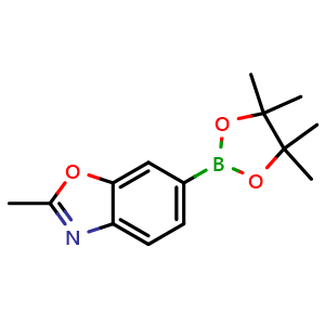 Chemical structure of 2-methyl-6-(4,4,5,5-tetramethyl-1,3,2-dioxaborolan-2-yl)-1,3-benzoxazole , CAS 1408089-23-5, AChemBlock T96791