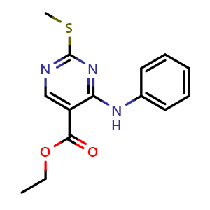 Chemical structure of ethyl 4-anilino-2-methylsulfanylpyrimidine-5-carboxylate , CAS 106475-47-2, AChemBlock T96821
