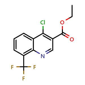 Chemical structure of 4-Chloro-8-(trifluoromethyl)quinoline-3-carboxylic acid ethyl ester , CAS 31602-11-6, AChemBlock T96832