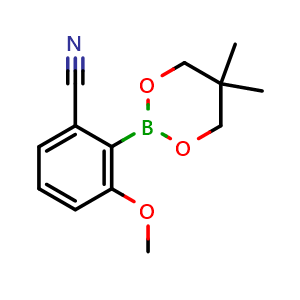Chemical structure of 2-(5,5-dimethyl-1,3,2-dioxaborinan-2-yl)-3-methoxybenzonitrile , CAS 883898-97-3, AChemBlock T96876