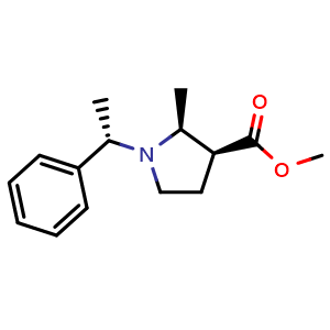 Chemical structure of methyl (2S,3S)-2-methyl-1-[(1S)-1-phenylethyl]pyrrolidine-3-carboxylate , CAS 143878-86-8, AChemBlock T96926