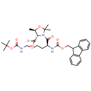 Chemical structure of (4S,5R)-3-(N2-(((9H-fluoren-9-yl)methoxy)carbonyl)-N6-(tert-butoxycarbonyl)-L-lysyl)-2,2,5-trimethyloxazolidine-4-carboxylic acid , CAS 911838-56-7, AChemBlock T96978