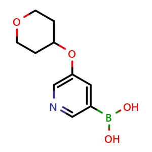 Chemical structure of 5-(tetrahydro-2H-pyran-4-yloxy)pyridin-3-ylboronic acid , CAS 1103862-08-3, AChemBlock T97021