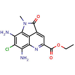 Chemical structure of ethyl 6,8-diamino-7-chloro-1-methyl-2-oxo-1,2-dihydropyrrolo[4,3,2-de]quinoline-4-carboxylate , CAS 1883799-26-5, AChemBlock T97121
