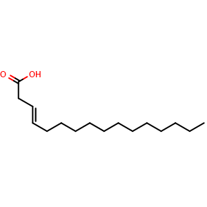 Chemical structure of (E)-hexadec-3-enoic acid , CAS 1686-10-8, AChemBlock T97161
