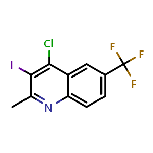 Chemical structure of 4-chloro-3-iodo-2-methyl-6-(trifluoromethyl)quinoline , CAS 1431365-65-9, AChemBlock T97166