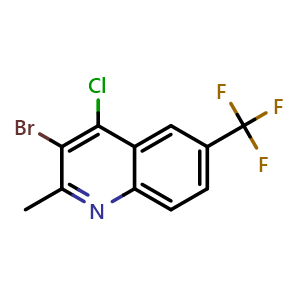 Chemical structure of 3-Bromo-4-chloro-2-methyl-6-(trifluoromethyl)quinoline , CAS 1333253-38-5, AChemBlock T97172