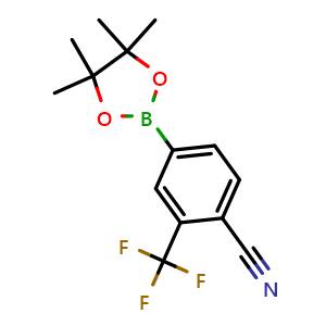Chemical structure of 4-(4,4,5,5-Tetramethyl-1,3,2-dioxaborolan-2-yl)-2-(trifluoromethyl)benzonitrile , CAS 1220219-16-8, AChemBlock T97178