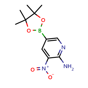 Chemical structure of 3-nitro-5-(4,4,5,5-tetramethyl-1,3,2-dioxaborolan-2-yl)pyridin-2-amine , CAS 1032758-80-7, AChemBlock T97182