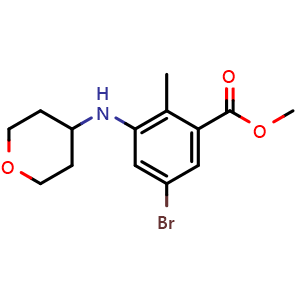 Chemical structure of methyl 5-bromo-2-methyl-3-((tetrahydro-2H-pyran-4-yl)amino)benzoate , CAS 1403257-49-7, AChemBlock T97200