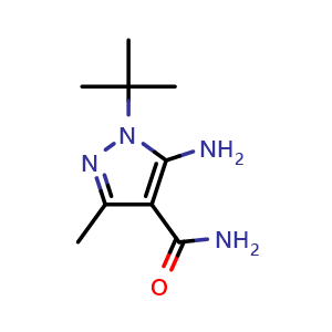 Chemical structure of 5-amino-1-(tert-butyl)-3-methyl-1H-pyrazole-4-carboxamide , CAS 182879-94-3, AChemBlock T97211
