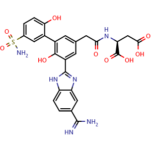 Chemical structure of (S)-2-(2-(5-(5-carbamimidoyl-1H-benzo[d]imidazol-2-yl)-2',6-dihydroxy-5'-sulfamoylbiphenyl-3-yl)acetamido)succinic acid , CAS 871266-63-6, AChemBlock T97258
