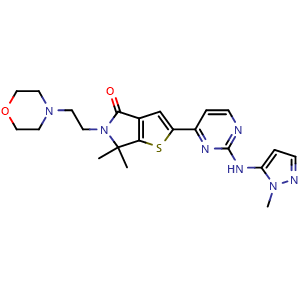 Chemical structure of 6,6-dimethyl-2-(2-(1-methyl-1H-pyrazol-5-ylamino)pyrimidin-4-yl)-5-(2-morpholinoethyl)-5,6-dihydro-4H-thieno[2,3-c]pyrrol-4-one , CAS 1951483-29-6, AChemBlock T97259