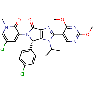 Chemical structure of (S)-5-(5-chloro-1-methyl-2-oxo-1,2-dihydropyridin-3-yl)-6-(4-chlorophenyl)-2-(2,4-dimethoxypyrimidin-5-yl)-1-isopropyl-5,6-dihydropyrrolo[3,4-d]imidazol-4(1H)-one , CAS 1448867-41-1, AChemBlock T97260