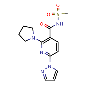 Chemical structure of N-(methylsulfonyl)-6-(1H-pyrazol-1-yl)-2-(pyrrolidin-1-yl)nicotinamide , CAS 2411635-59-9, AChemBlock T97261