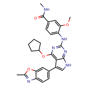 Chemical structure of 4-(4-(cyclopentyloxy)-5-(2-methylbenzo[d]oxazol-6-yl)-7H-pyrrolo[2,3-d]pyrimidin-2-ylamino)-3-methoxy-N-methylbenzamide , CAS 1618658-88-0, AChemBlock T97263