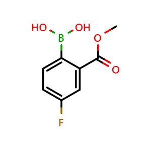 Chemical structure of 2-(methoxycarbonyl)-4-fluorophenylboronic acid , CAS 871329-81-6, AChemBlock T97268