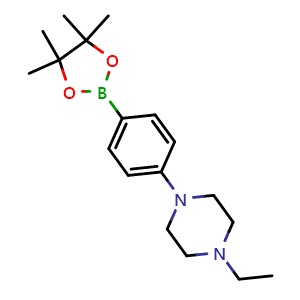 Chemical structure of 1-ethyl-4-[4-(4,4,5,5-tetramethyl-1,3,2-dioxaborolan-2-yl)phenyl]piperazine , CAS 656257-45-3, AChemBlock T97279
