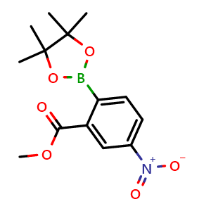 Chemical structure of methyl 2-(4,4,5,5-tetramethyl-1,3,2-dioxaborolan-2-yl)-5-nitrobenzoate , CAS 1393477-19-4, AChemBlock T97328