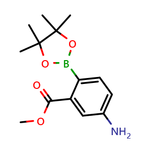 Chemical structure of methyl 5-amino-2-(4,4,5,5-tetramethyl-1,3,2-dioxaborolan-2-yl)benzoate , CAS 1352412-93-1, AChemBlock T97330