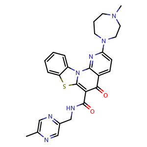 Chemical structure of 2-(4-Methyl-1,4-diazepan-1-yl)-N-((5-methylpyrazin-2-yl)methyl)-5-oxo-5H-benzo[4,5]thiazolo[3,2-a][1,8]naphthyridine-6-carboxamide , CAS 1138549-36-6, AChemBlock T97357