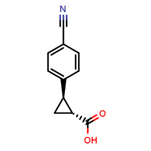 Chemical structure of trans-(1R,2R)-2-(4-cyanophenyl)cyclopropanecarboxylic acid , CAS 1119807-15-6, AChemBlock T97372