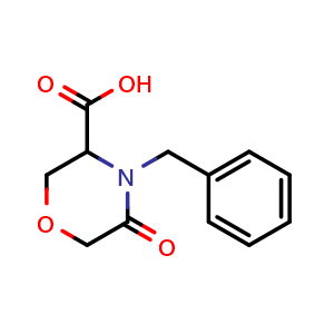 Chemical structure of 4-Benzyl-5-oxomorpholine-3-carboxylic acid , CAS 106910-79-6, AChemBlock T97393