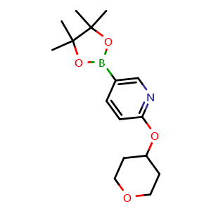 Chemical structure of 2-(tetrahydro-2H-pyran-4-yloxy)-5-(4,4,5,5-tetramethyl-1,3,2-dioxaborolan-2-yl)pyridine , CAS 910036-98-5, AChemBlock T97407
