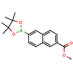 Chemical structure of methyl 6-(4,4,5,5-tetramethyl-1,3,2-dioxaborolan-2-yl)naphthalene-2-carboxylate , CAS 736989-93-8, AChemBlock T97421