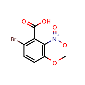 Chemical structure of 6-bromo-3-methoxy-2-nitro-benzoic acid , CAS 127971-97-5, AChemBlock T97461