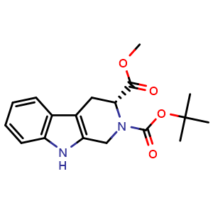 Chemical structure of (R)-2-tert-butyl 3-methyl 3,4-dihydro-1H-pyrido[3,4-b]indole-2,3(9H)-dicarboxylate , CAS 1135248-68-8, AChemBlock T97472