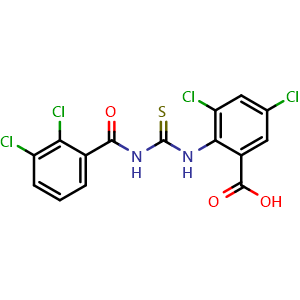 Chemical structure of 3,5-dichloro-2-[[[(2,3-dichlorobenzoyl)amino]thioxomethyl]amino]-benzoic acid , CAS 53012-84-3, AChemBlock T97548