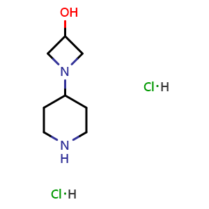 Chemical structure of 1-(4-piperidyl)azetidin-3-ol dihydrochloride , CAS 1537465-19-2, AChemBlock T97596